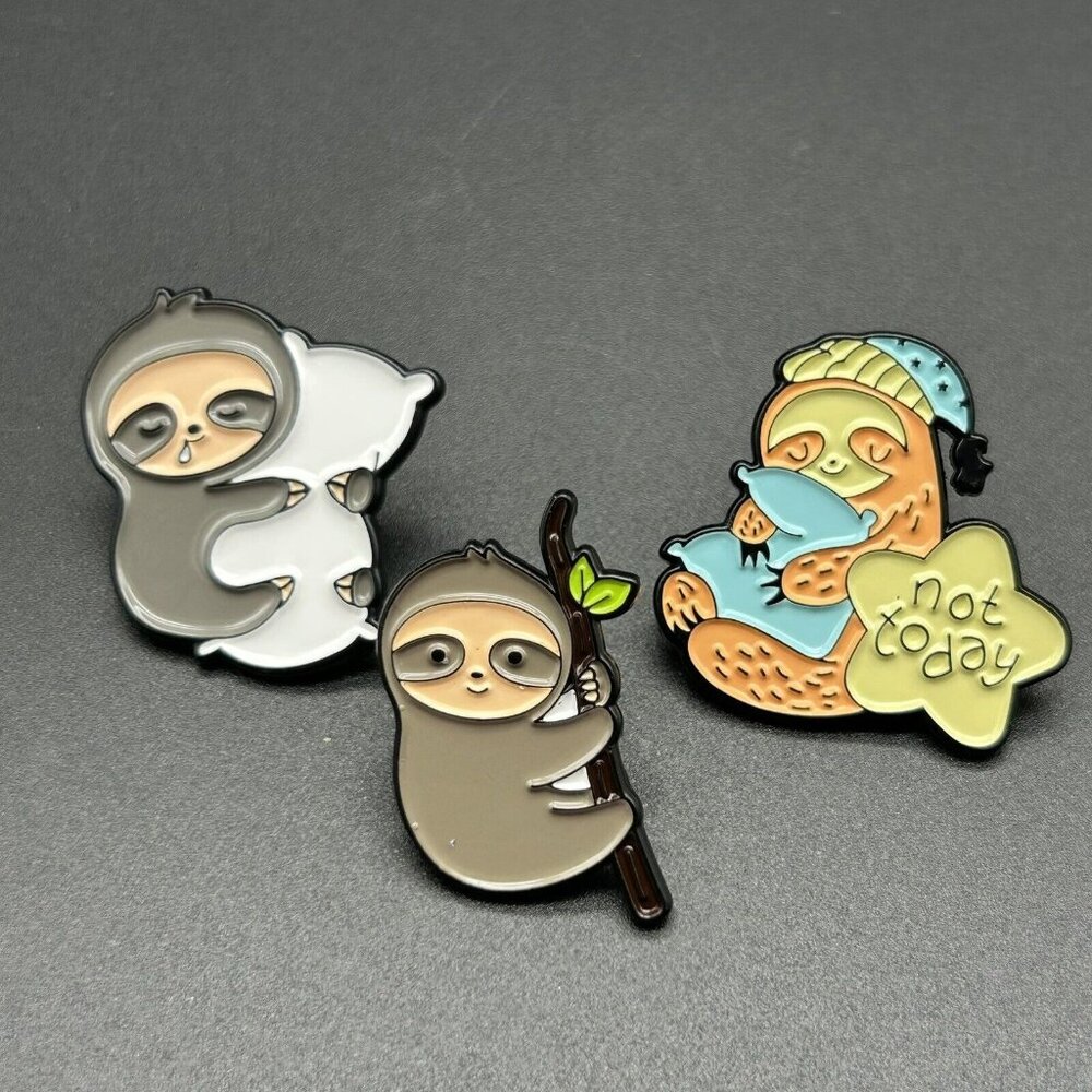 Set of 3 Enamel Pins Sloth Sleep "Not Today" Animal Lazy Hat Backpack Bag Purse